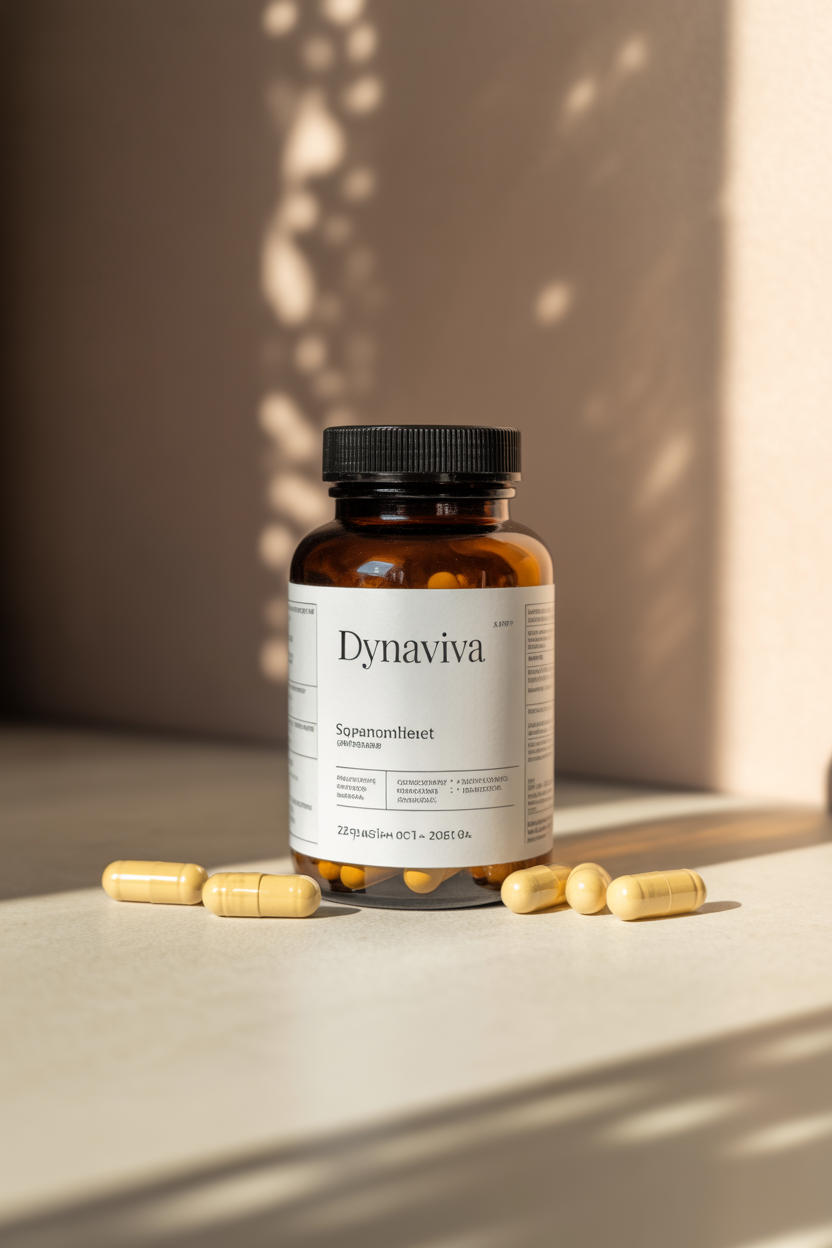 Amber supplement bottle with capsules on a neutral surface representing Dynaviva packaging style